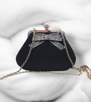 Elegant Black Clutch with Rhinestone Bow and Chain